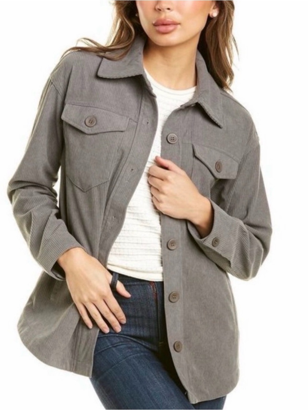 Avec Les Filles | Gray Corduroy Utility Lightweight Shacket